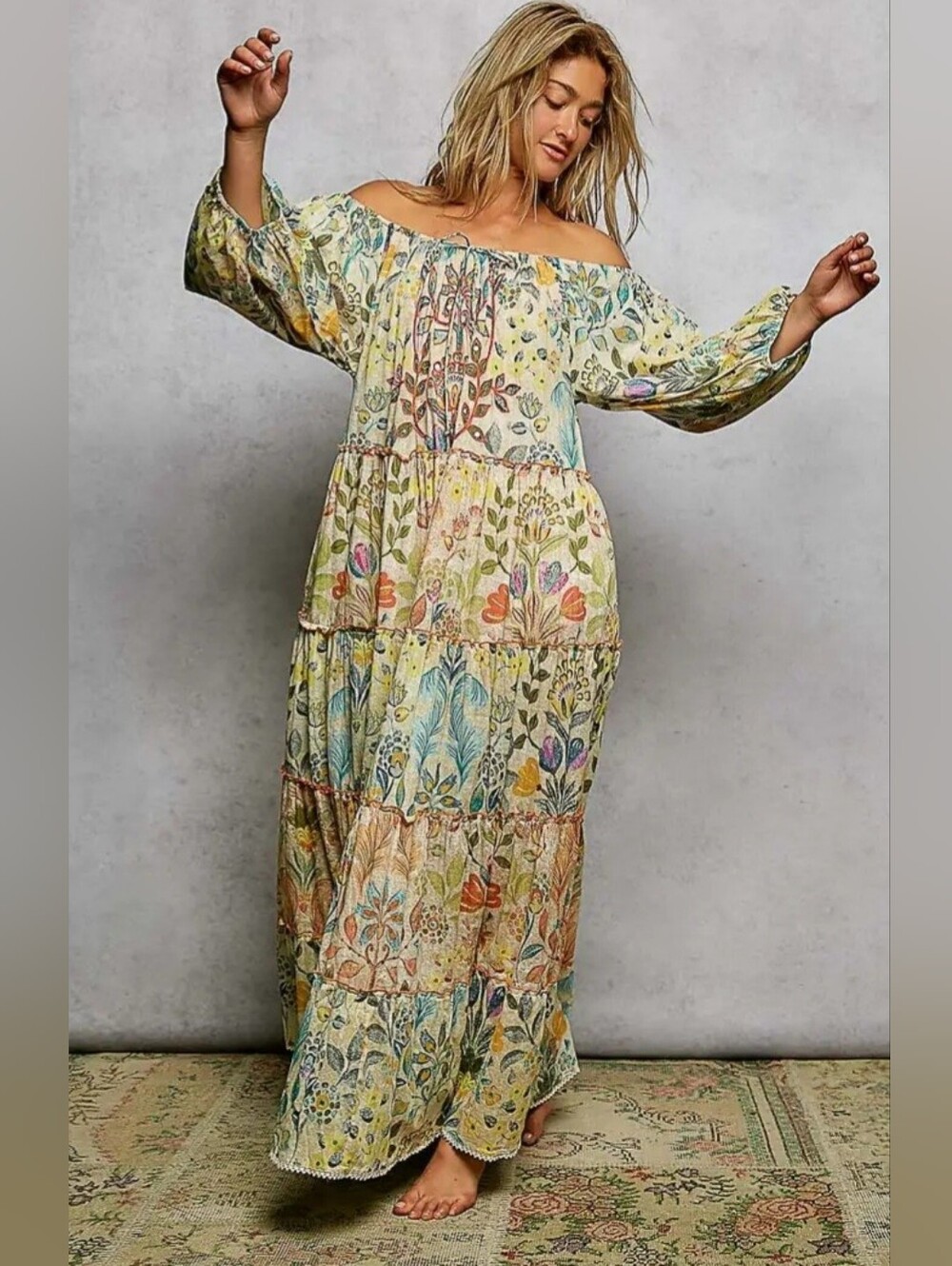 POL Off-Shoulder Floral Tiered Maxi Dress - Yellow, Blue, Green - Picture 2 of 4